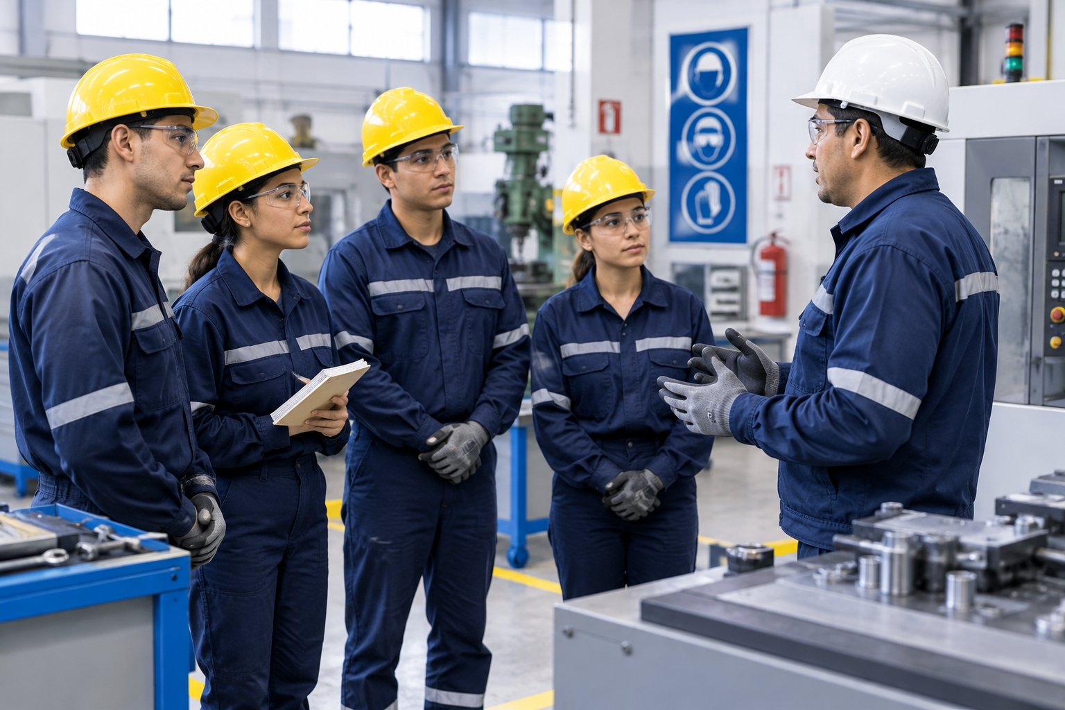 Entrenamiento de seguridad industrial con casco y protocolos en planta
