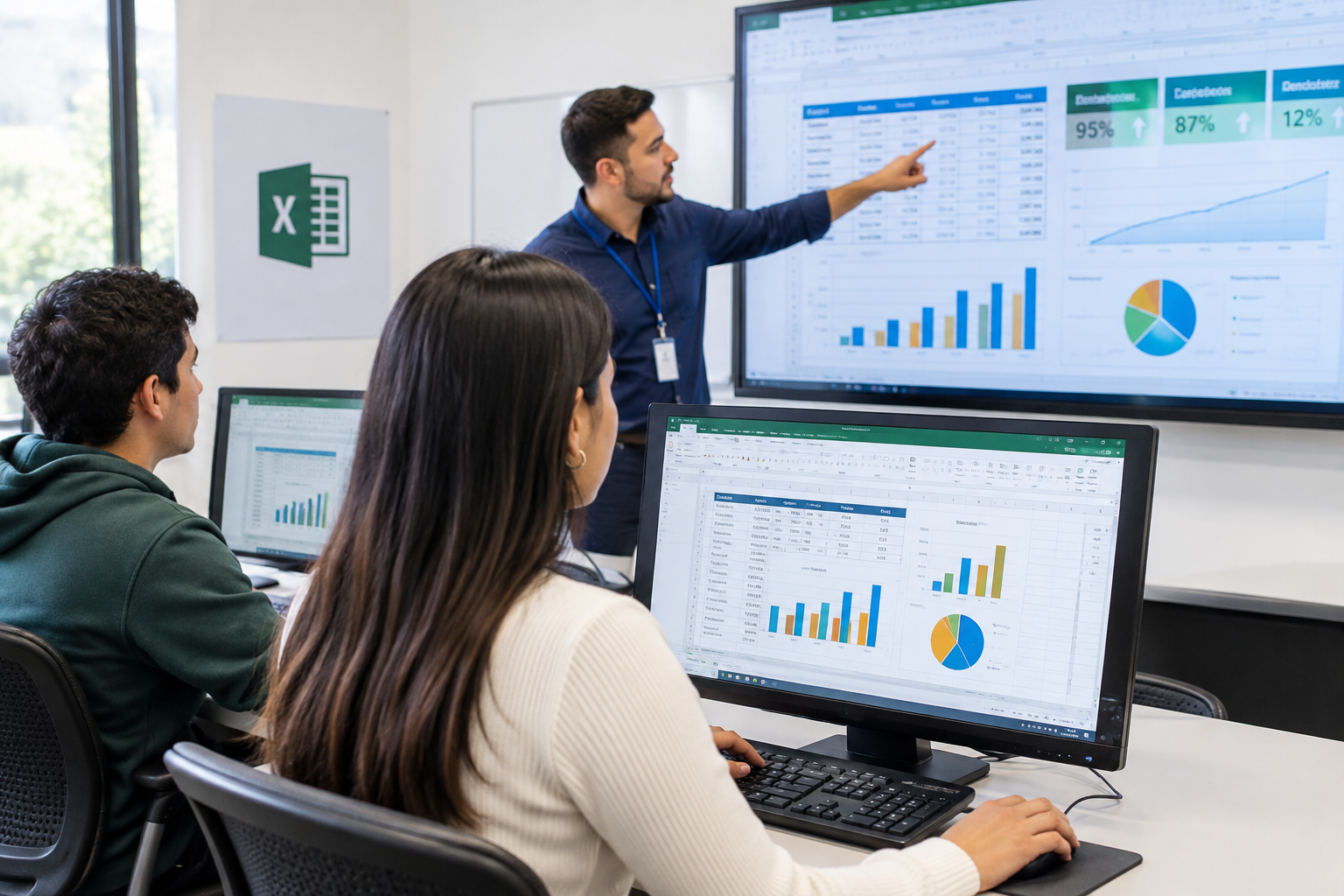 Curso de Excel con hoja de cálculo abierta en computador, fórmulas visibles y análisis de datos en gráficos