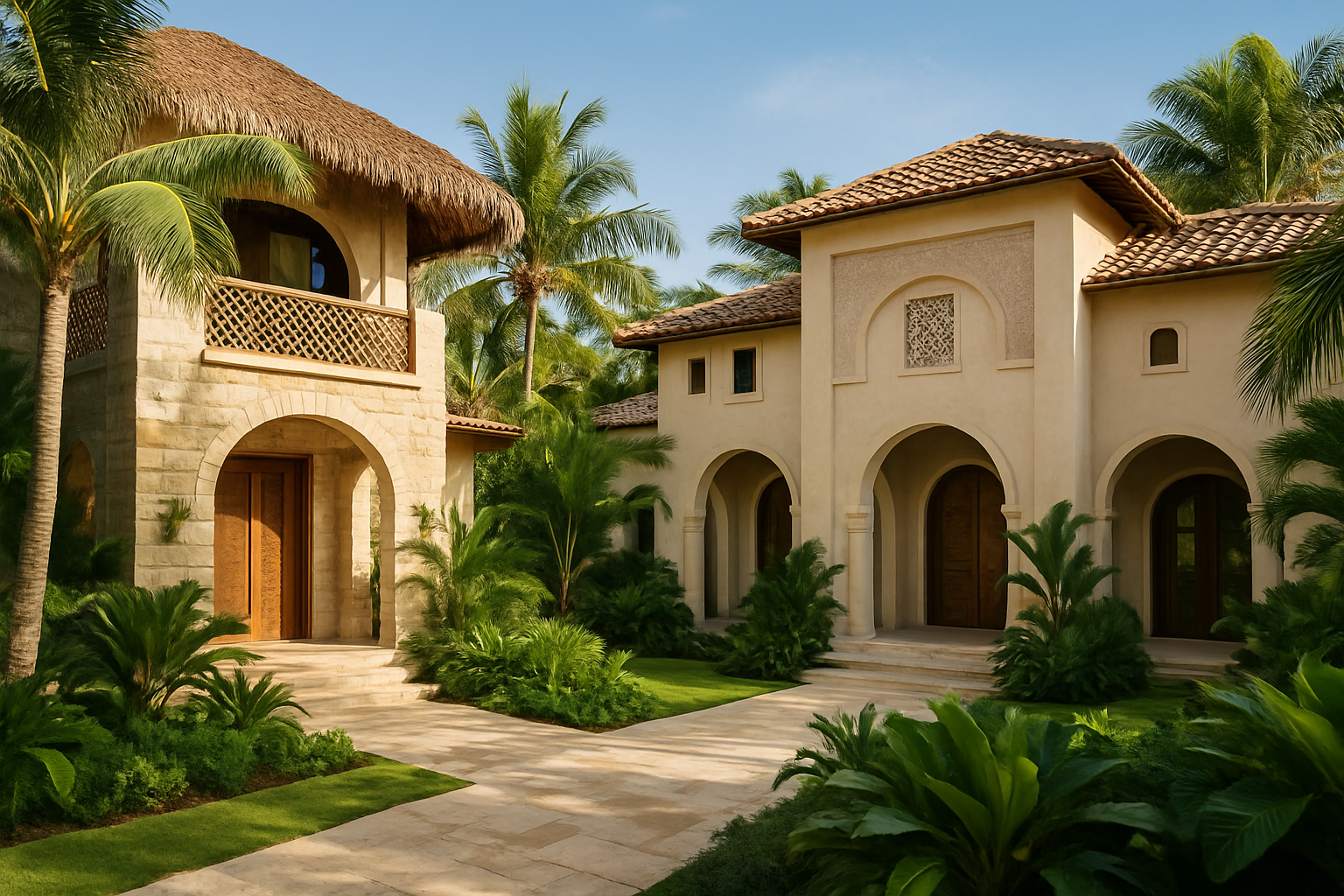 Luxury homes in Haiti with a blend of Bali and Moroccan architecture, elegant modern design, tropical landscaping, arched doorways, natural materials, intricate details, no people, premium serene atmosphere