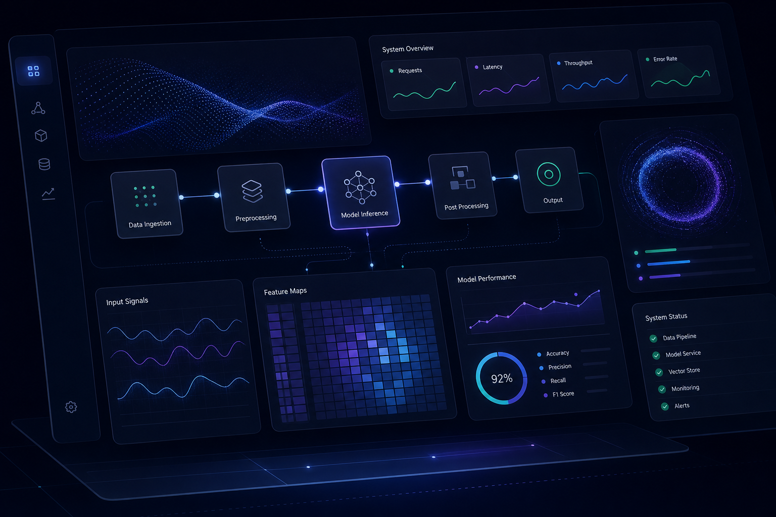Abstract AI product interface with layered data panels, model workflow graph, and system diagnostics in a modern dark dashboard style
