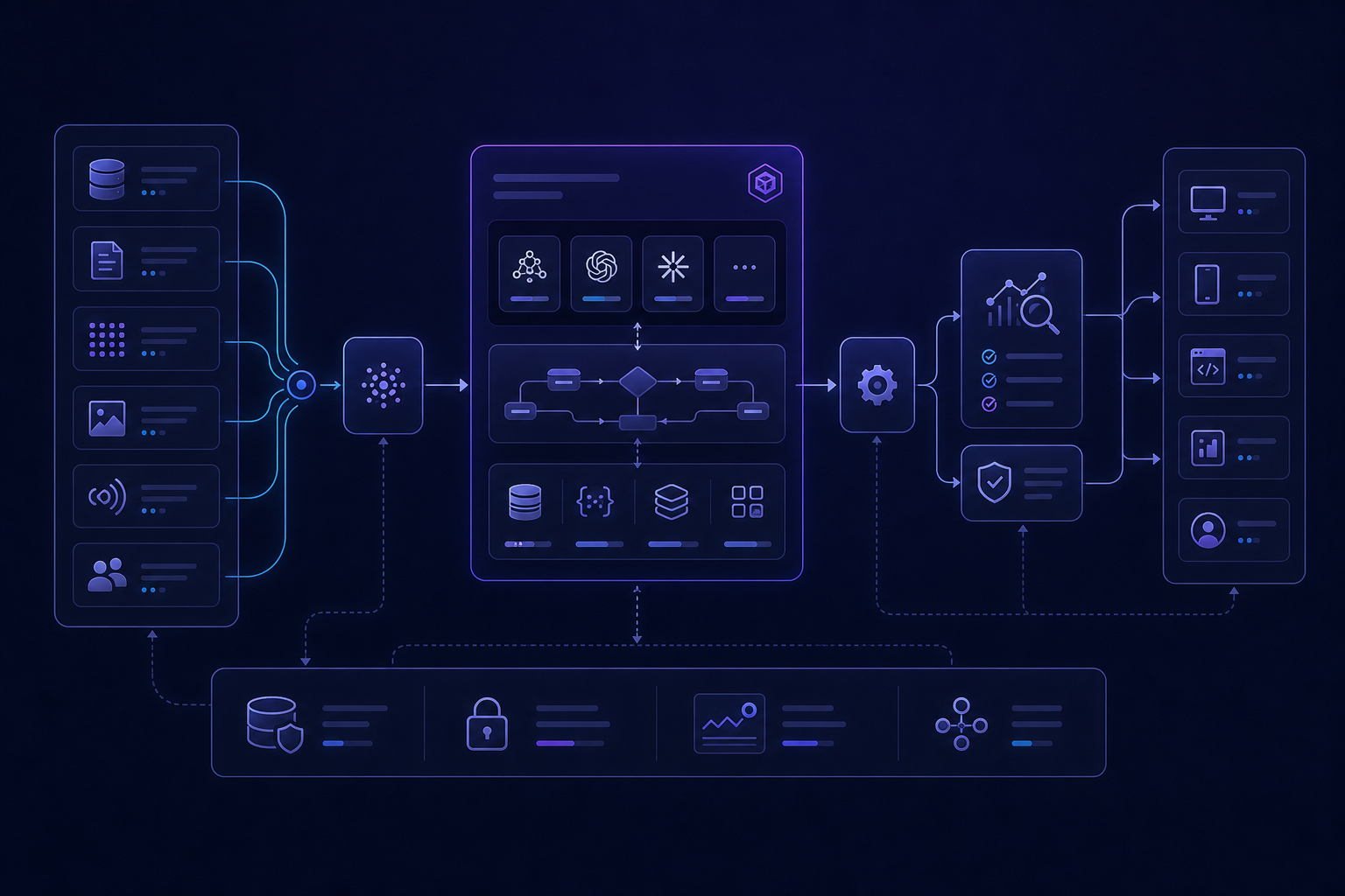 Conceptual systems diagram interface with modular AI components, data flow paths, and evaluation panels