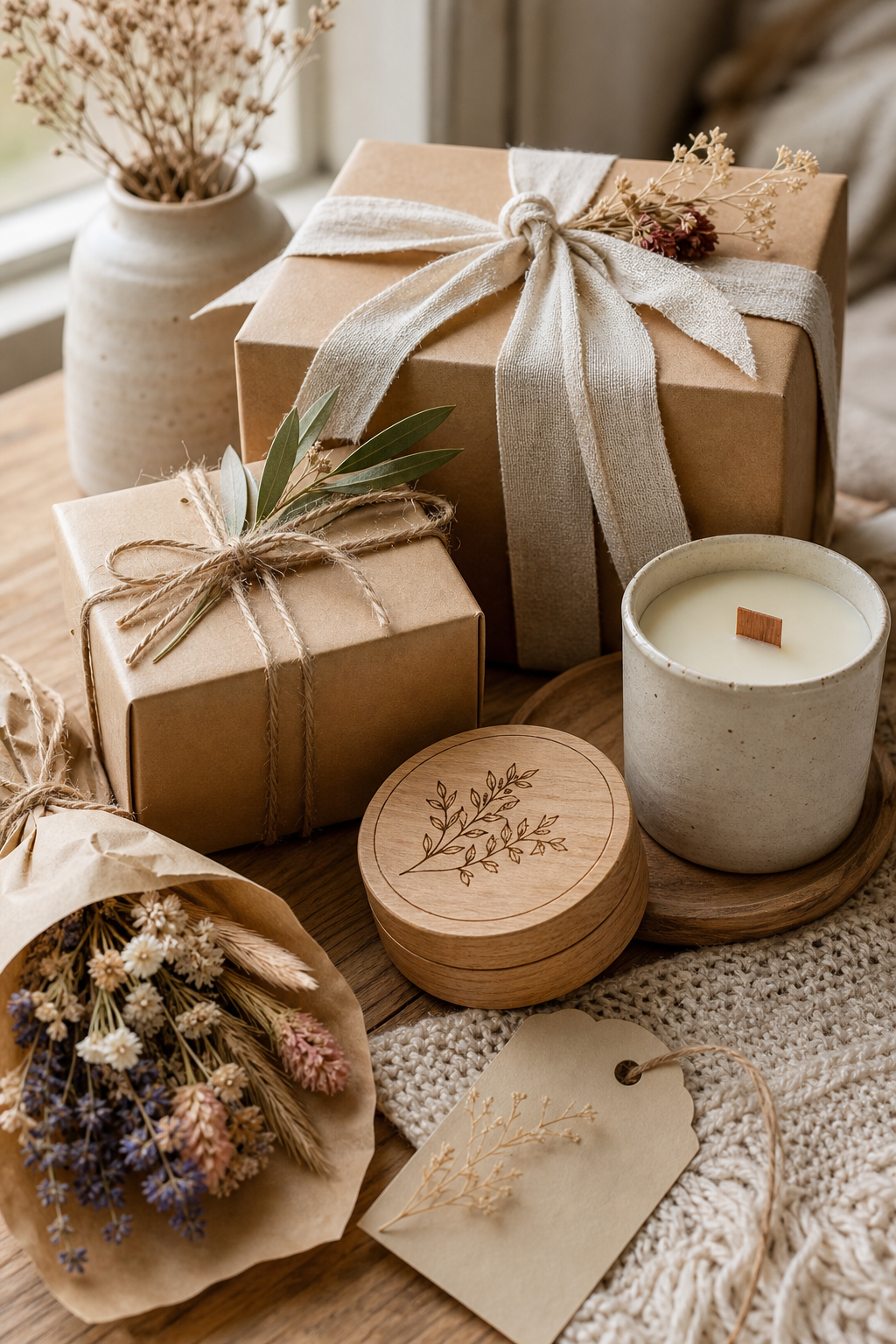 Styled arrangement of handmade gifts with natural wrapping, ribbon, dried flowers, and a handwritten tag in warm sunlight