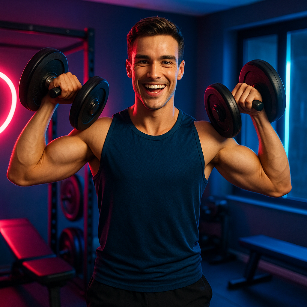 Energetic young man with dumbbells flexing arms
