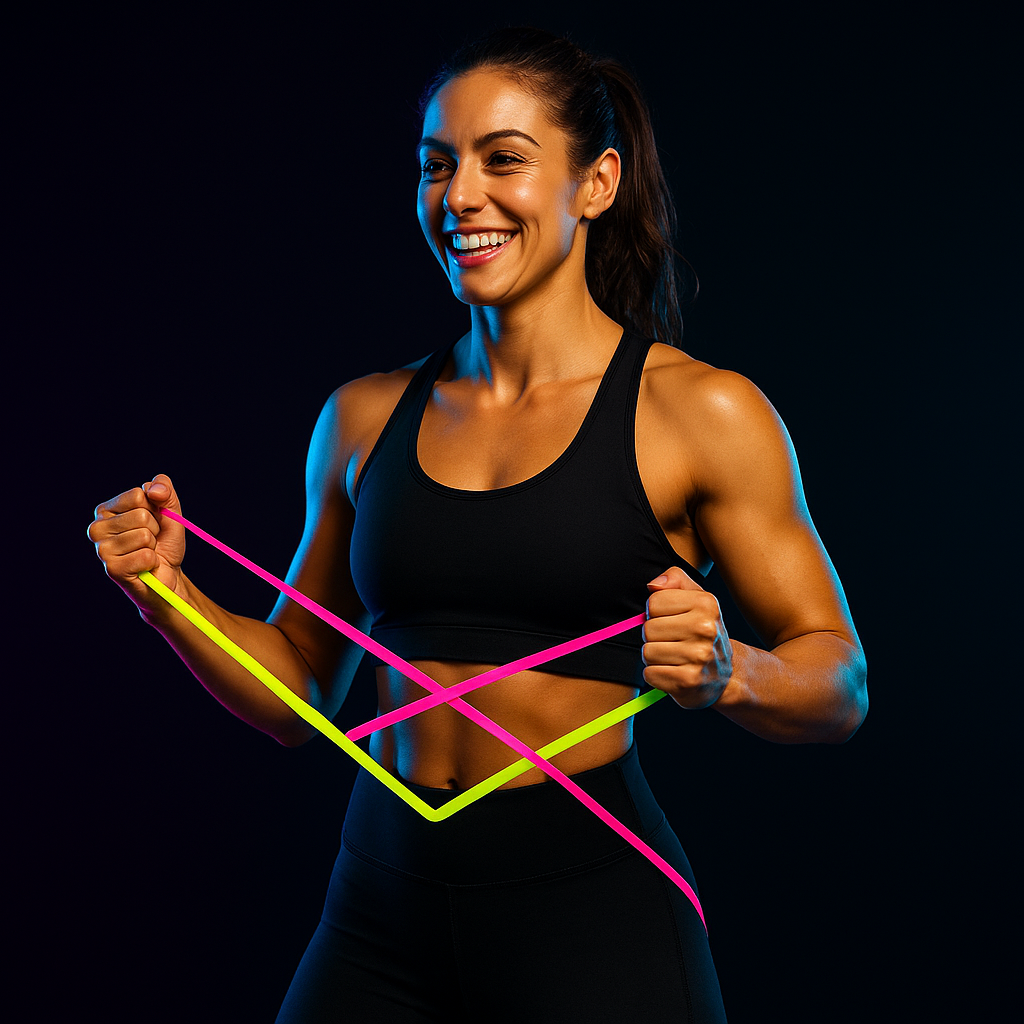 Confident athletic woman with resistance band smiling