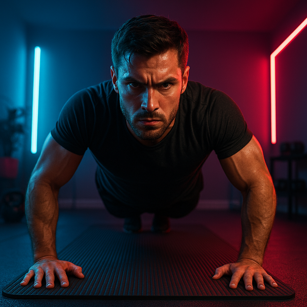 Determined male athlete mid-pushup on fitness mat