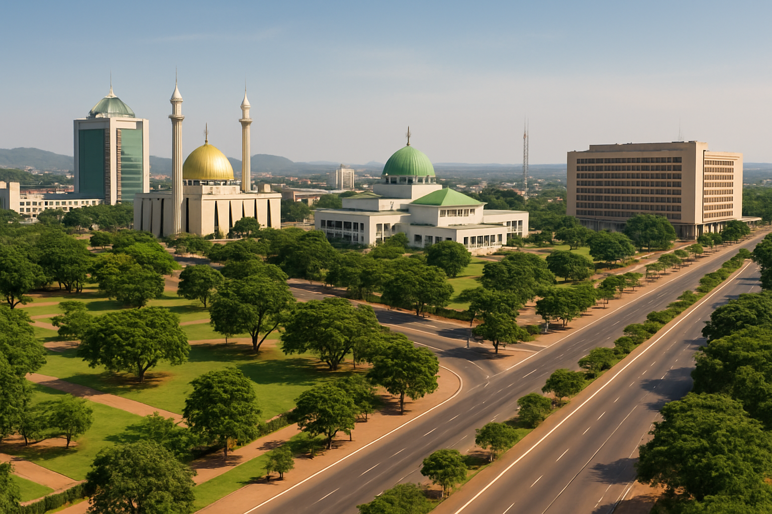 Abuja city skyline with modern architecture and greenery