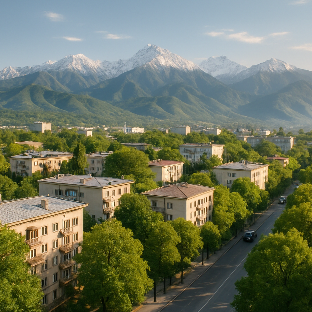 Almaty city with mountain backdrop and leafy avenues
