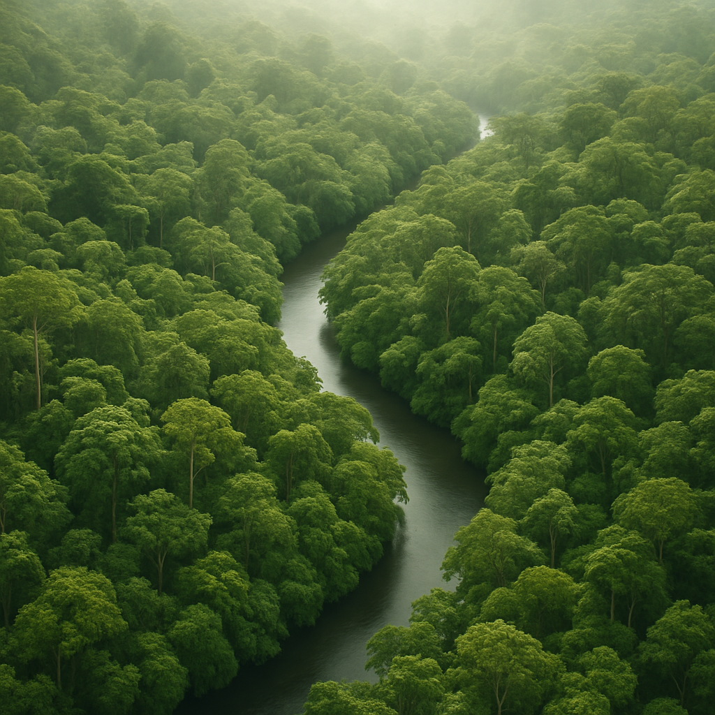 Dense Amazon Rainforest canopy with river