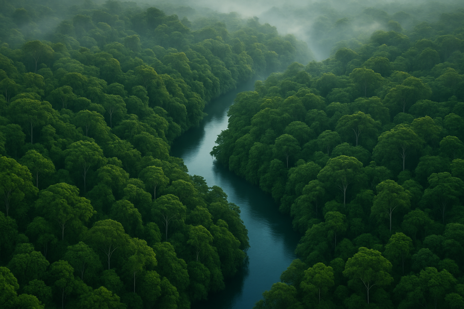 Dense Amazon Rainforest canopy with river