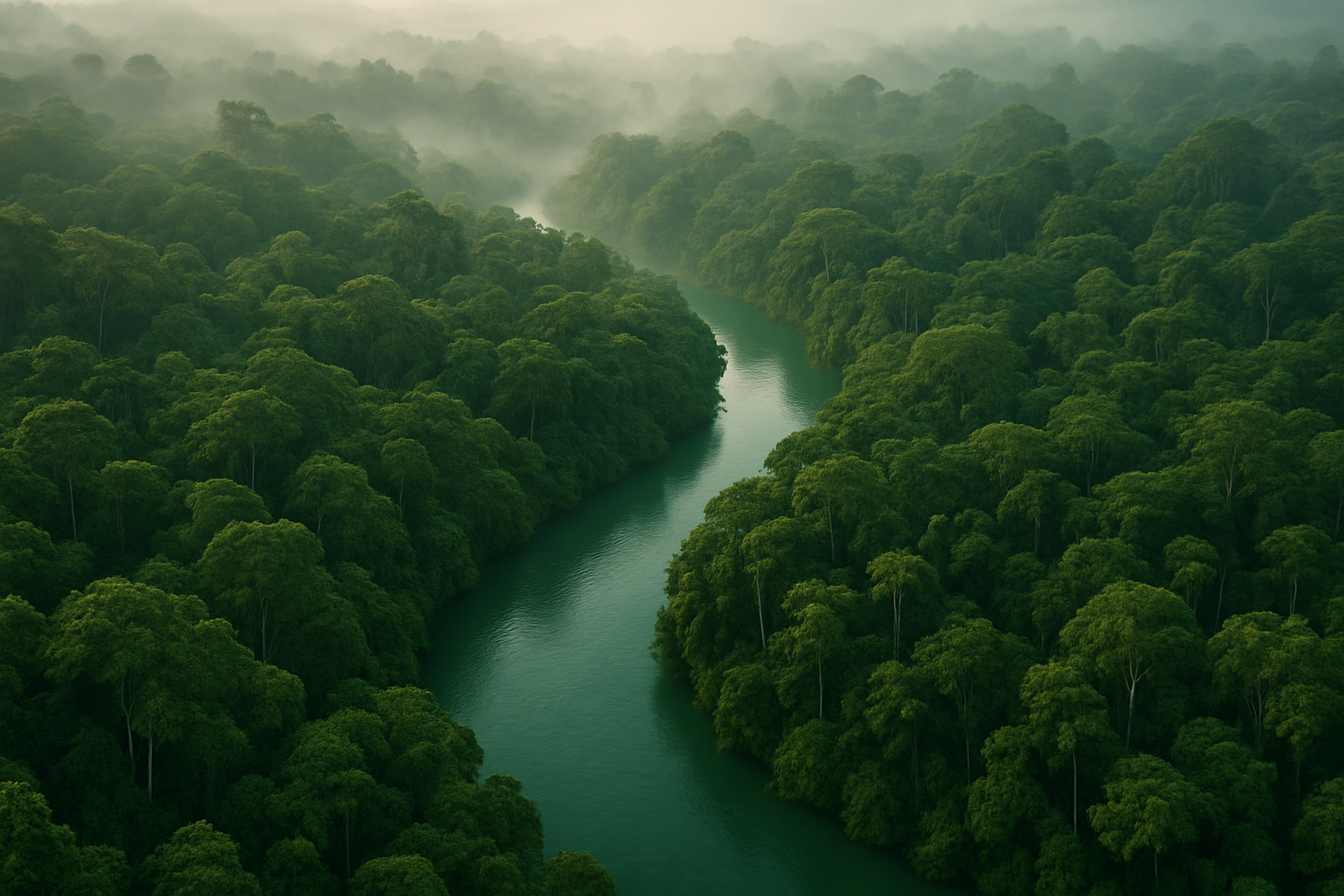 Amazon rainforest canopy with a winding river in early morning light