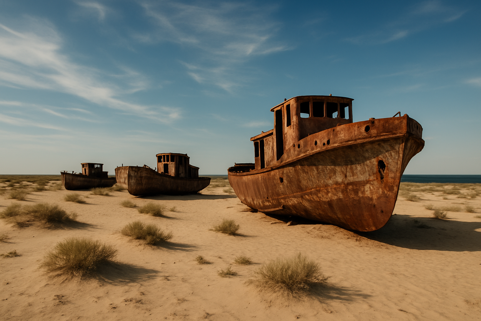 Aral Sea ship cemetery with rusting boats in a sandy desert landscape