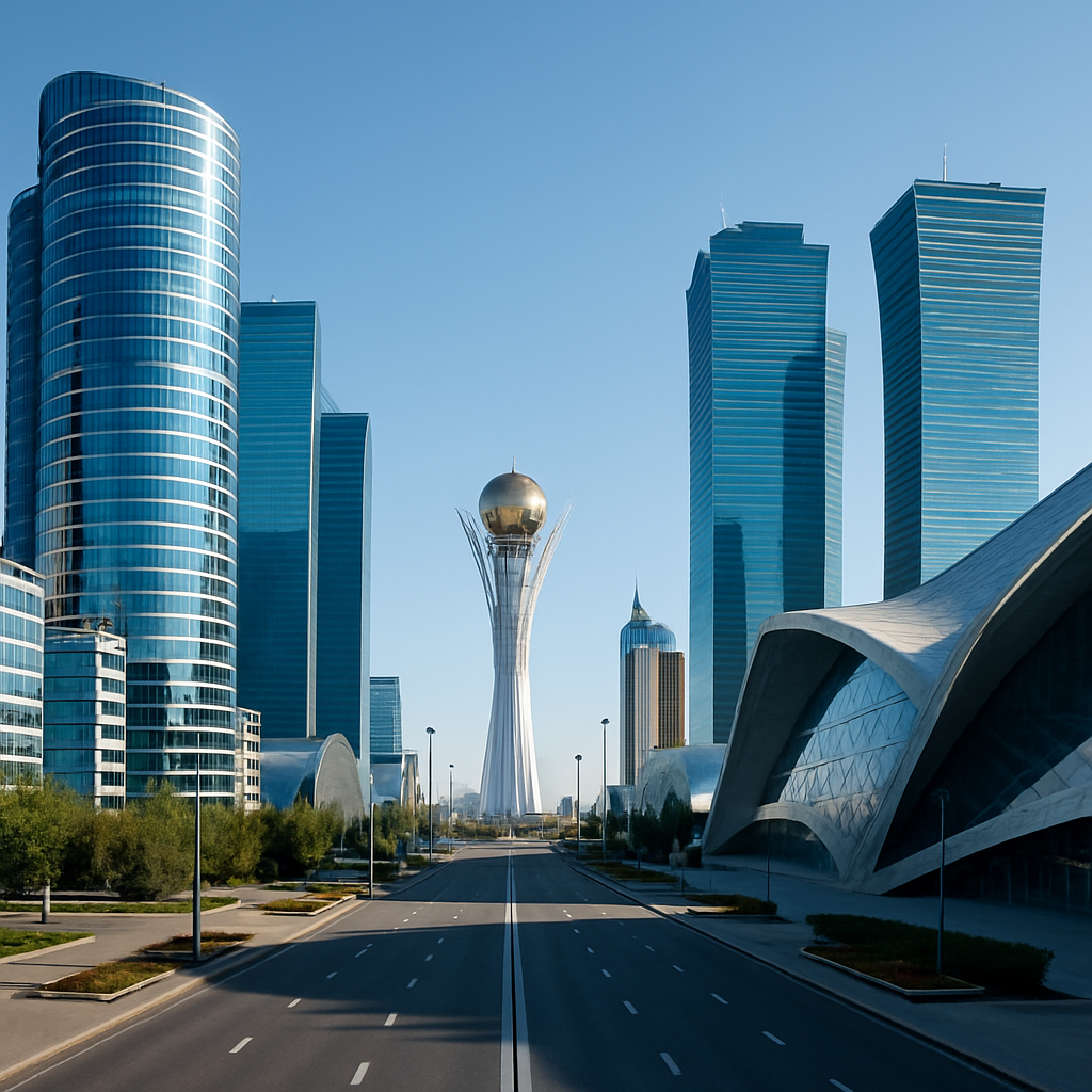 Astana skyline with modern glass towers and a wide boulevard