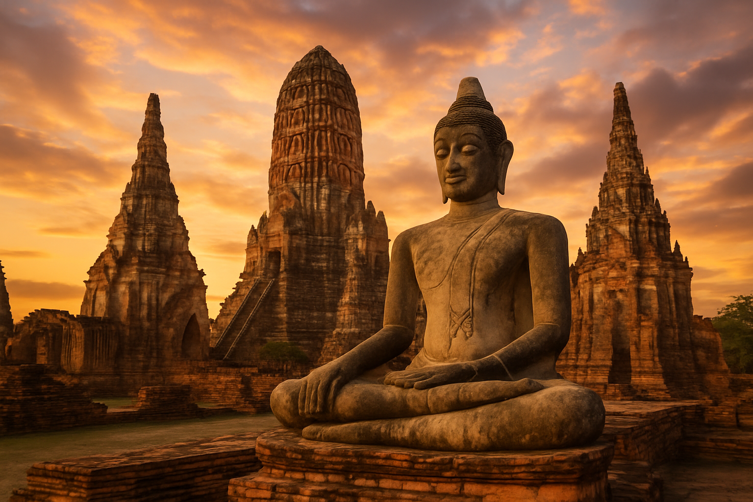 Ayutthaya ancient temple ruins with Buddha statue and sunset sky