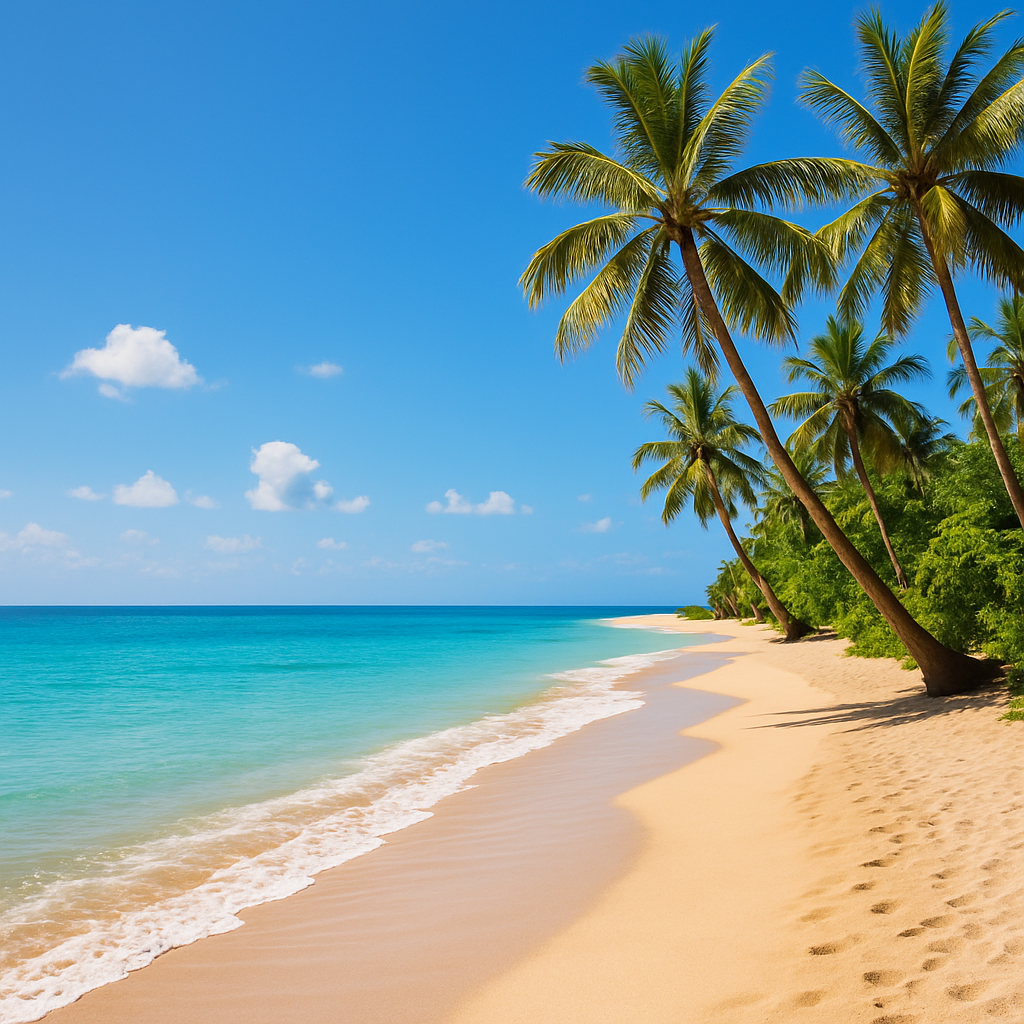 Sunny Balinese beach with palm trees, golden sand, and turquoise water
