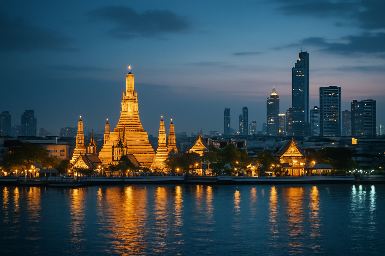 Bangkok skyline with river temples and modern towers at dusk