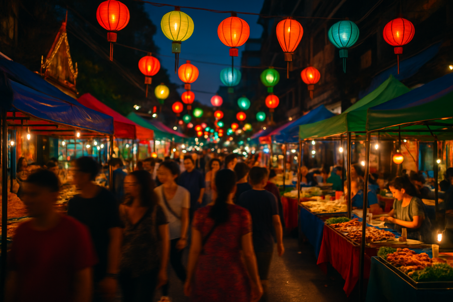 Vibrant Bangkok street market with colorful stalls and evening lights
