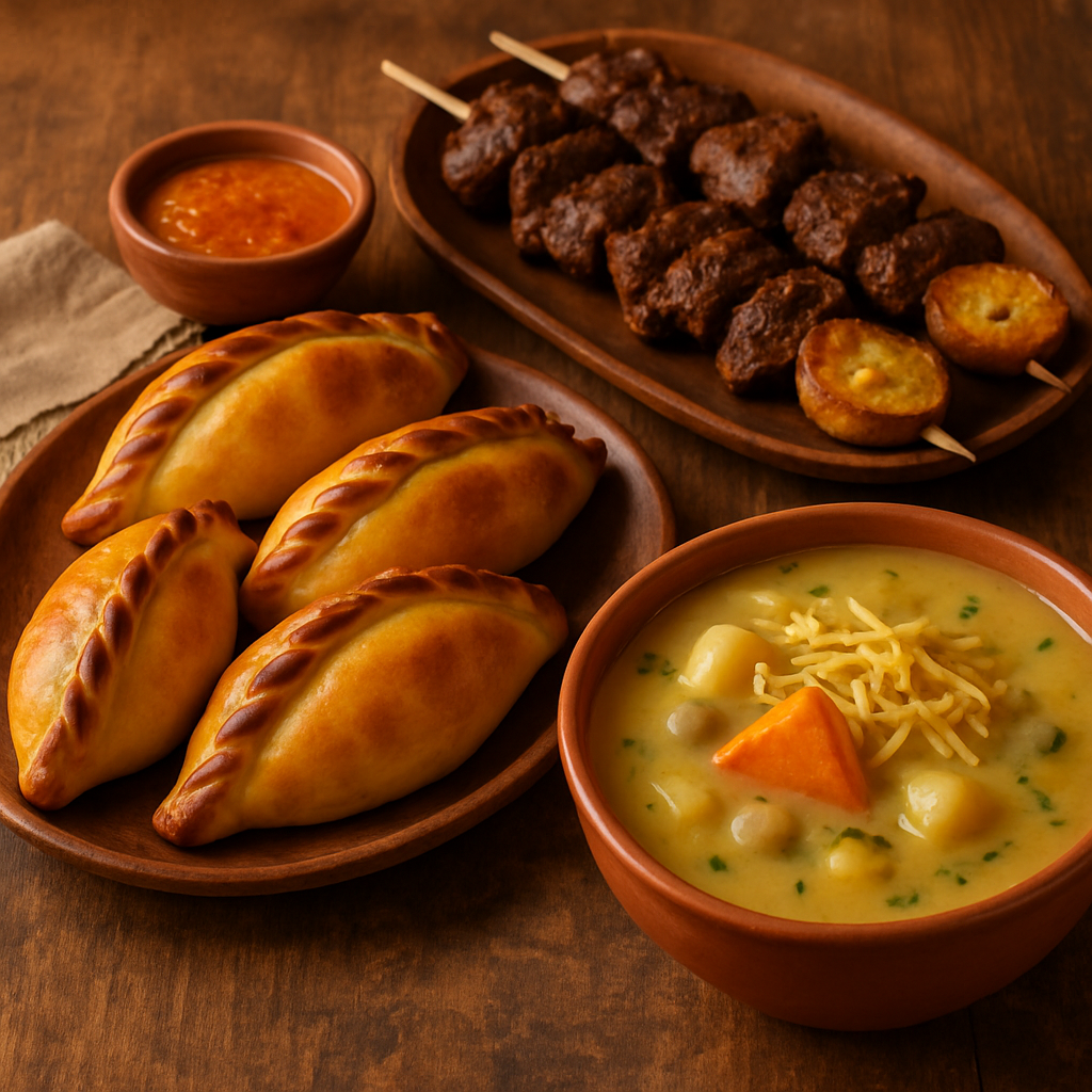 Bolivian street food with salteñas and anticuchos on a rustic table