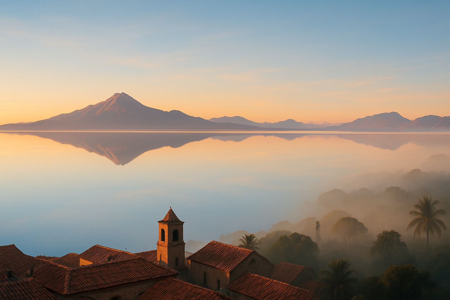 Bolivia salt flats with mountains, colonial city rooftops, and jungle mist