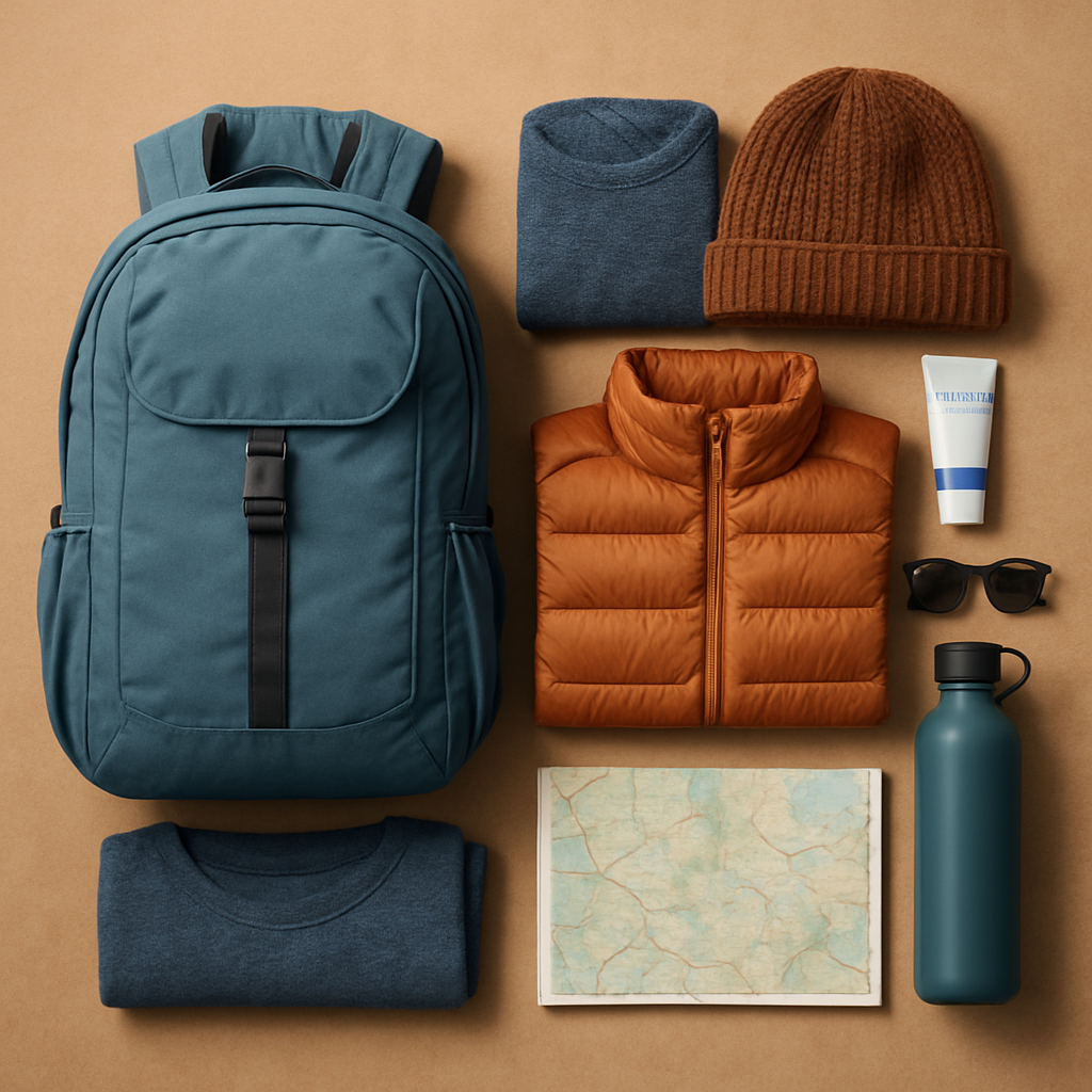 Travel backpack with warm layers, hat, sunscreen, and water bottle for high altitude travel