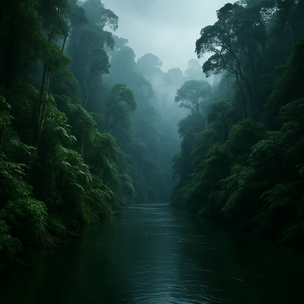 Borneo rainforest with river and misty jungle canopy