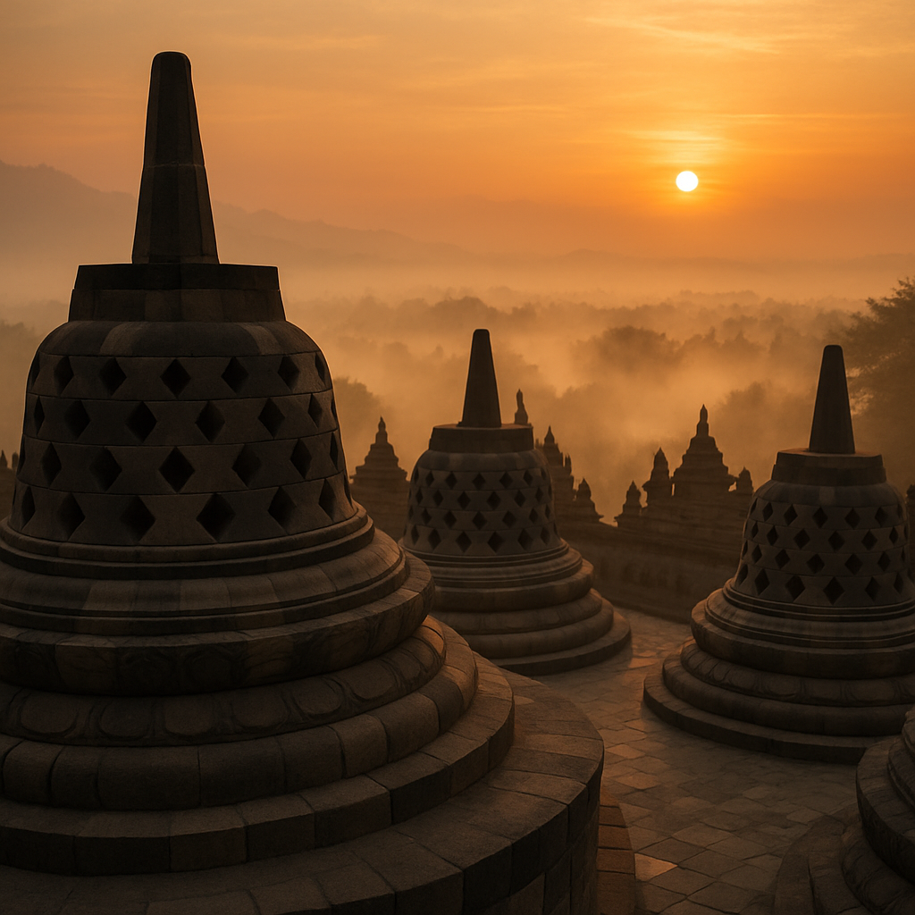 Ancient Borobudur temple at sunrise with soft mist and warm light