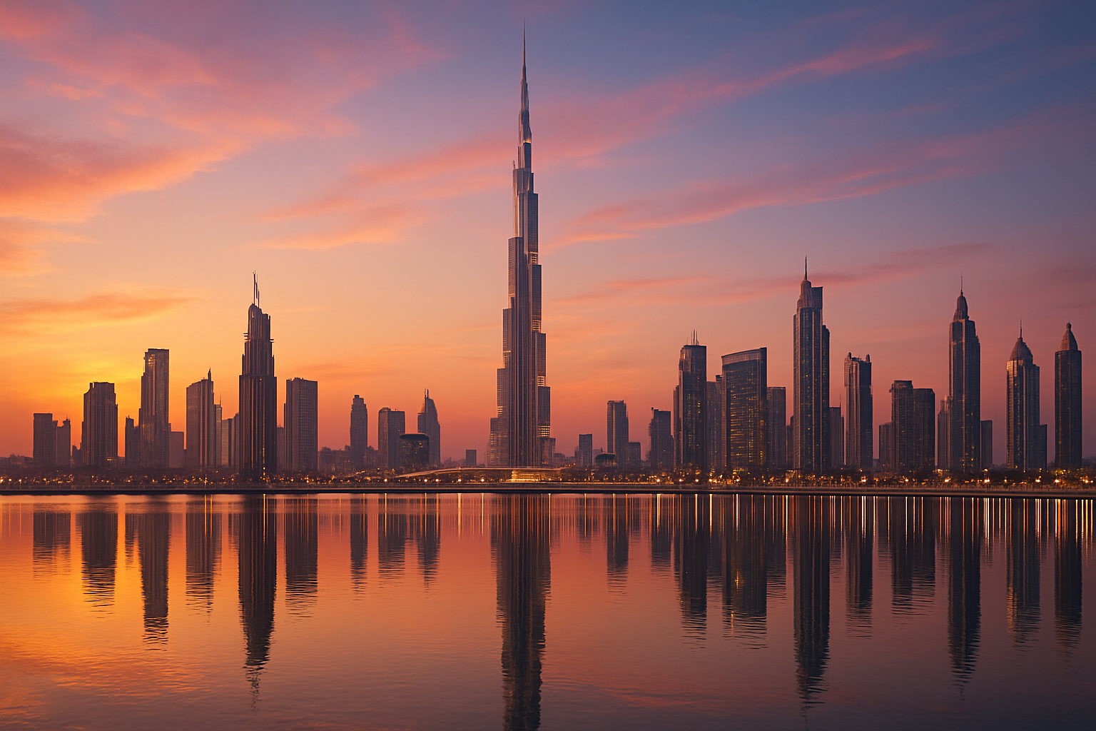 Panoramic Dubai skyline at sunset with the Burj Khalifa and modern skyscrapers reflecting on calm waters