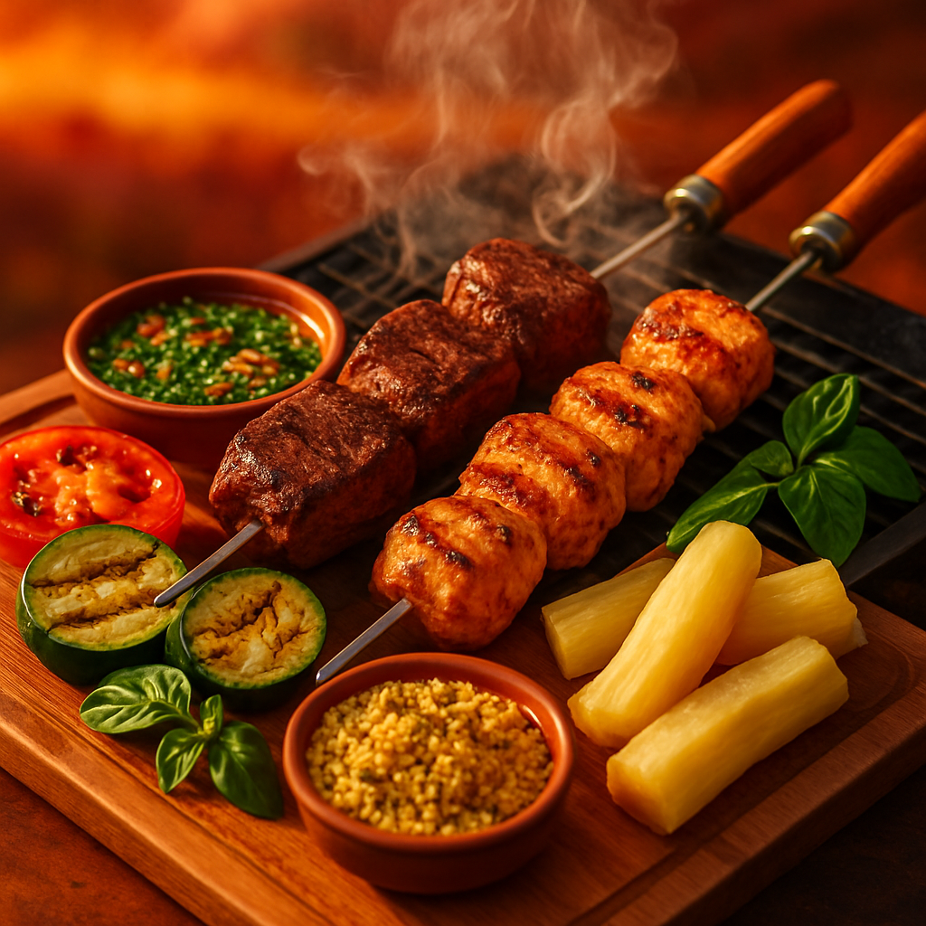Brazilian churrasco with beef and chicken skewers