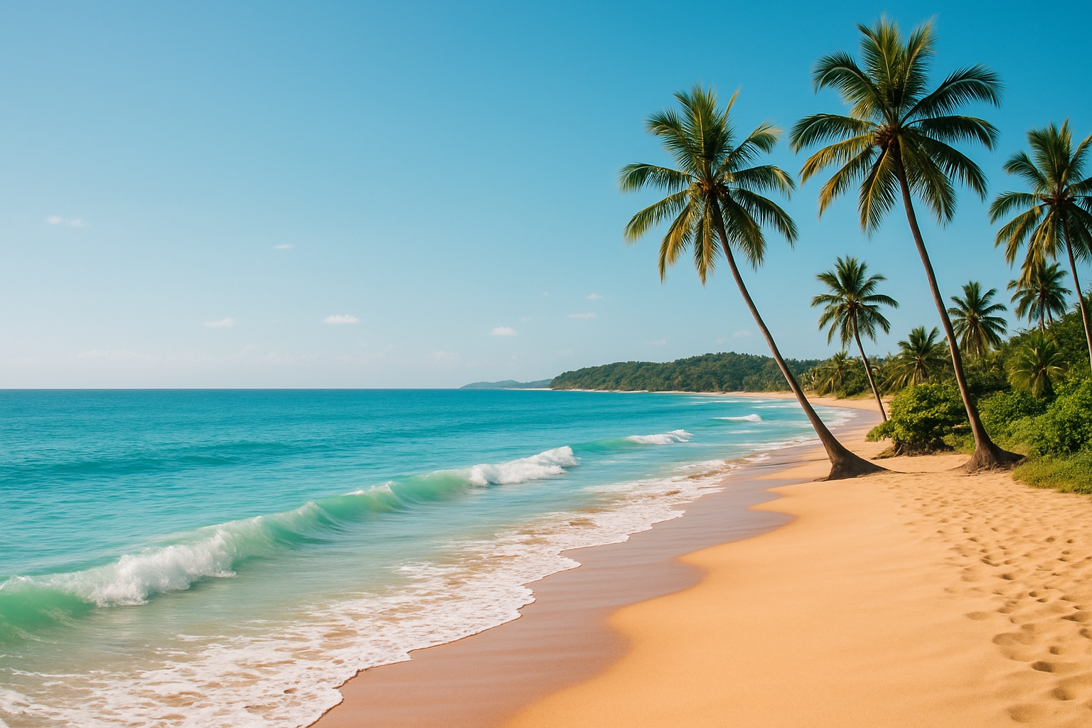 Sunlit Brazilian coastline with turquoise water and golden sand
