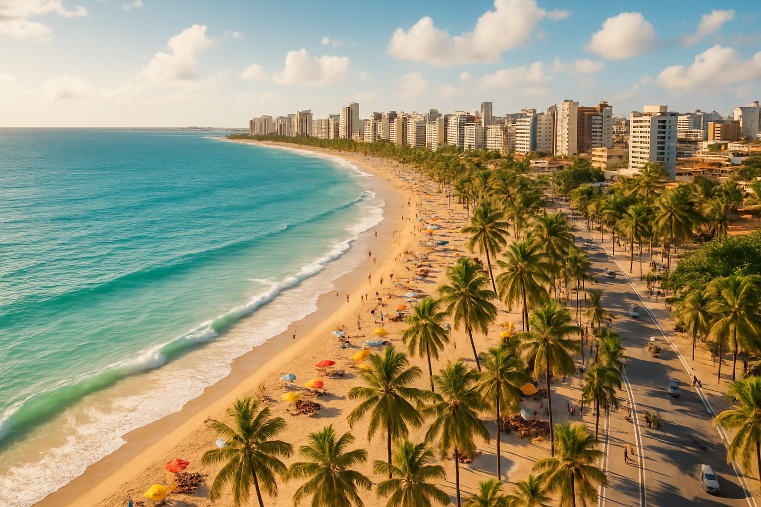Sunlit Brazilian coastline with palm trees, turquoise water, and a festive beachfront cityscape