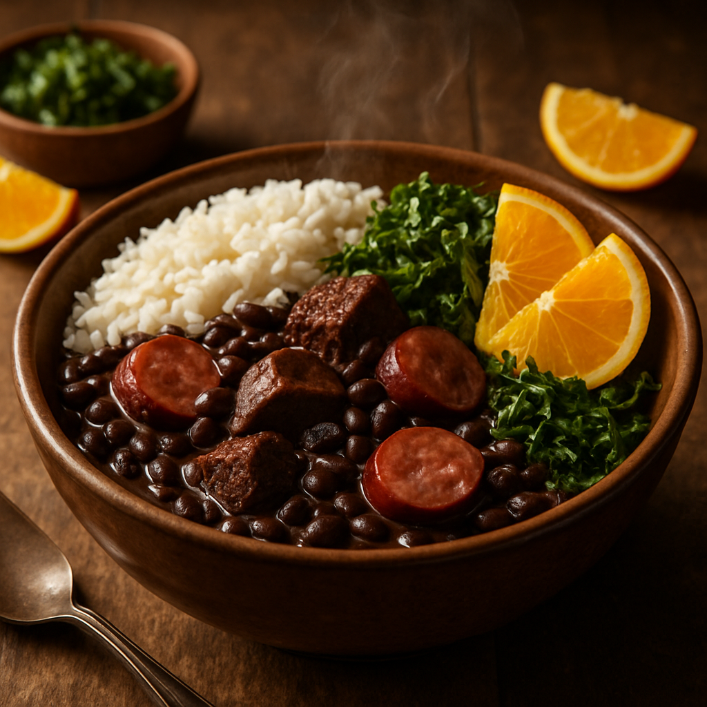 Brazilian feijoada with black beans, beef, and smoked beef sausage