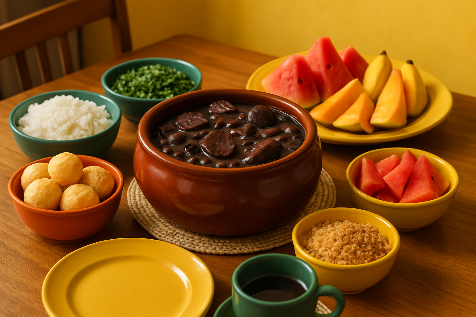 Brazilian dining table with feijoada, pão de queijo, fresh fruit, and colorful ceramics