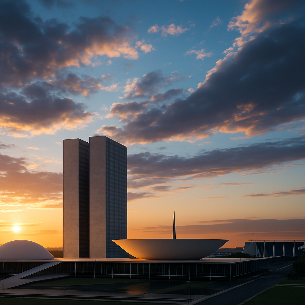 Brasília skyline with the National Congress towers and modernist architecture at sunset