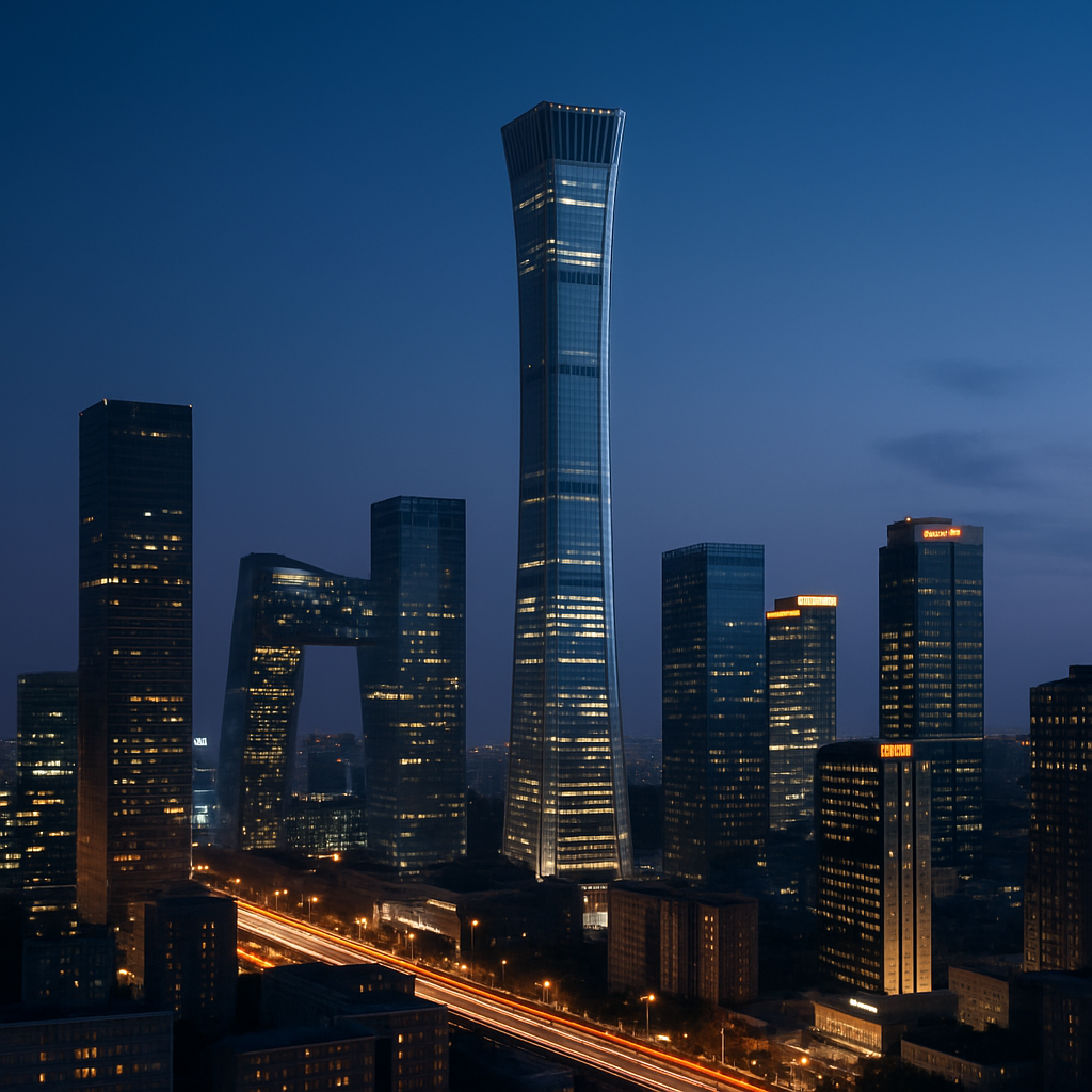 Beijing skyline with the China World Trade Center tower and modern city lights at dusk