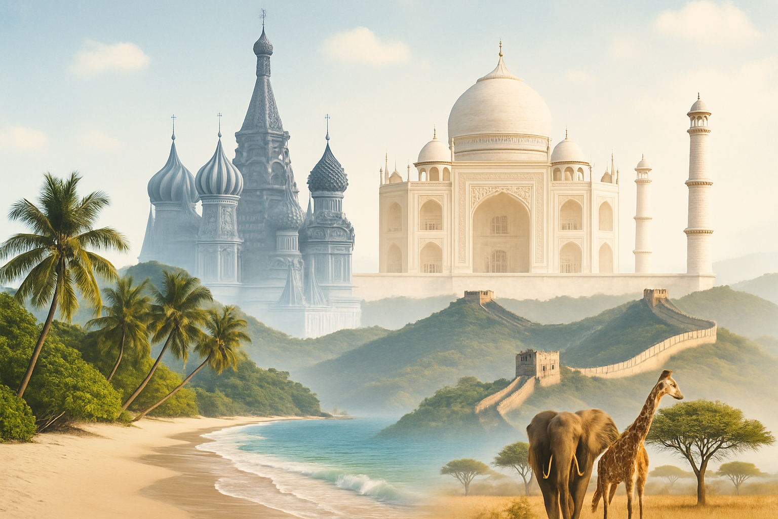 Editorial collage of BRICS landscapes and cities