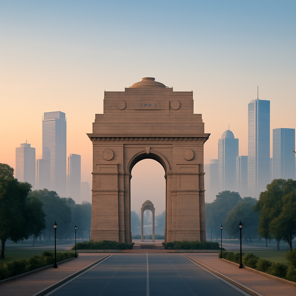 New Delhi skyline with the India Gate and surrounding modern high-rises in soft morning light