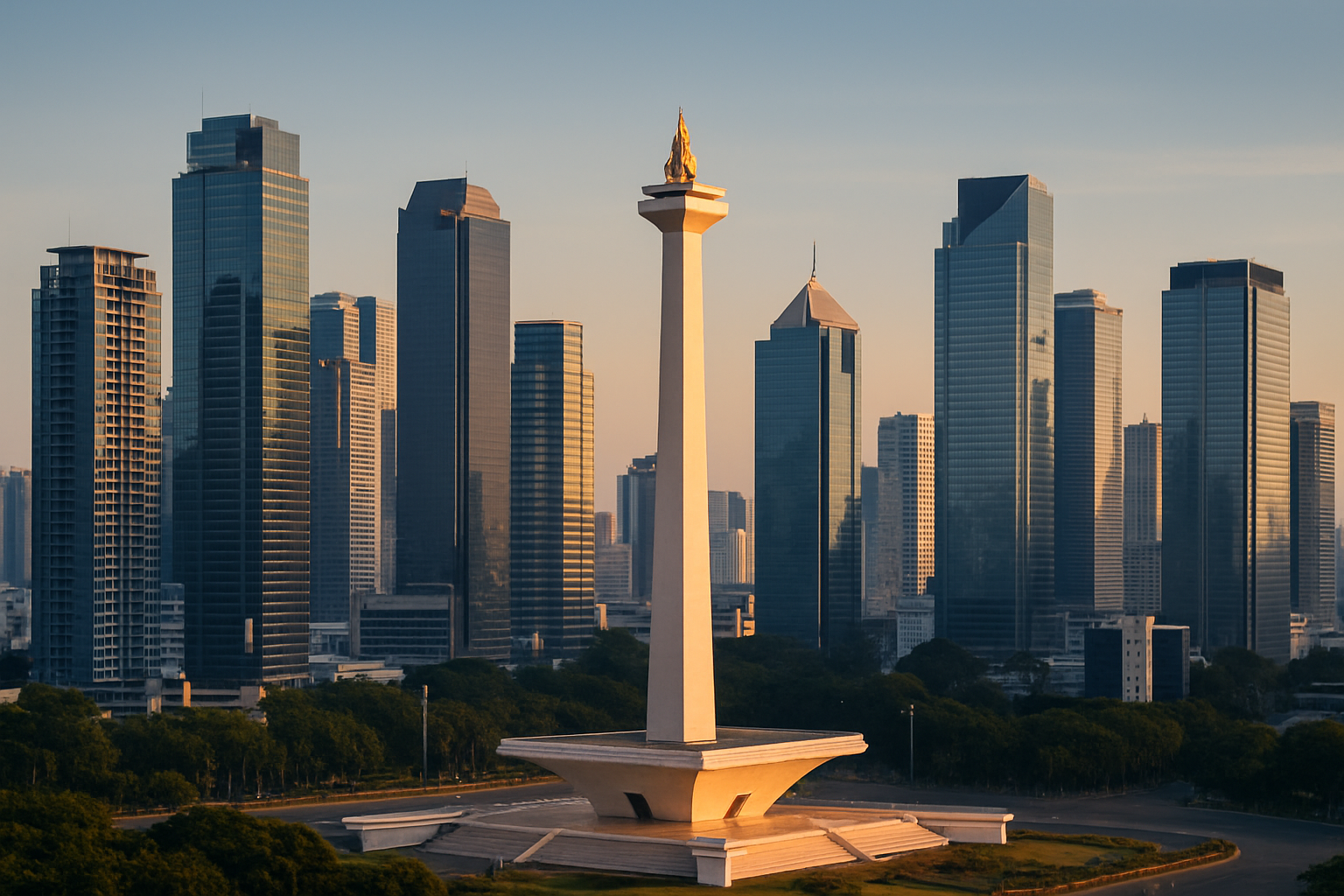 Jakarta skyline with the National Monument and modern high-rise towers in golden evening light