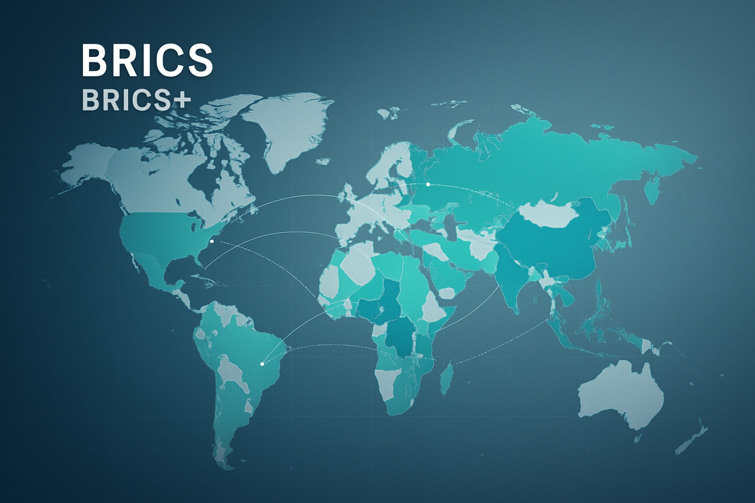 Polished BRICS and BRICS Plus market map with connected country highlights and travel brand styling