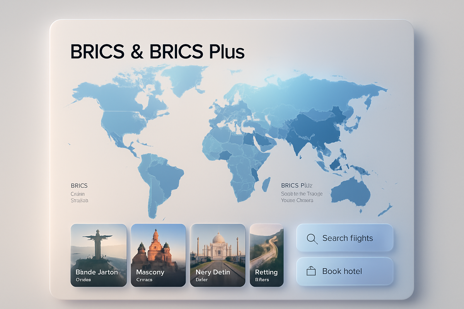 Premium digital travel platform visual representing BRICS and BRICS Plus destinations