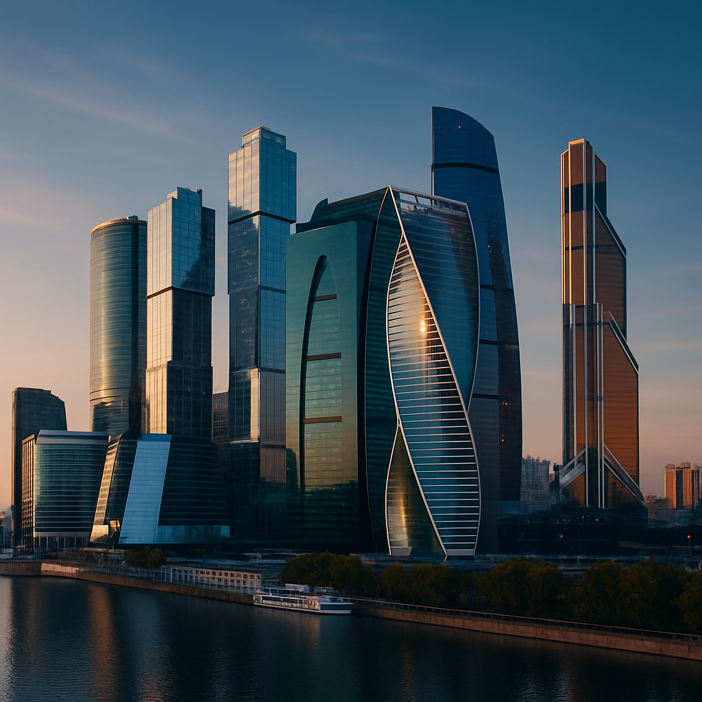 Moscow skyline featuring modern towers of Moscow City with a golden-hour glow