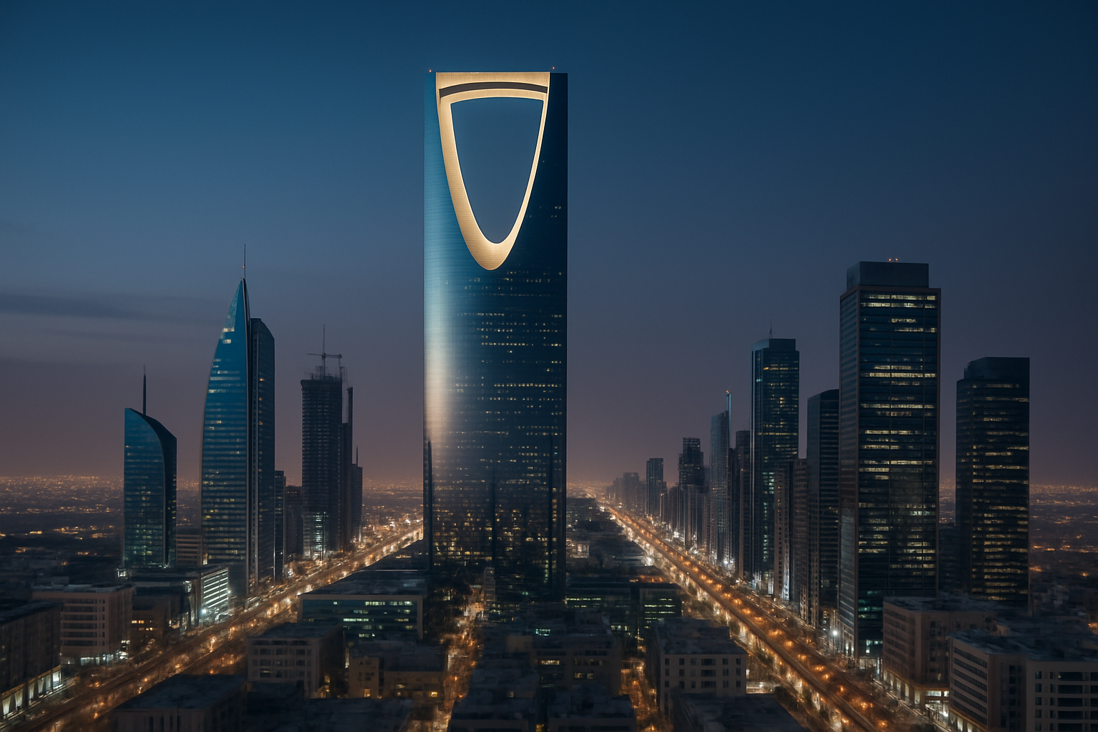 Riyadh skyline with the Kingdom Centre Tower illuminated at twilight