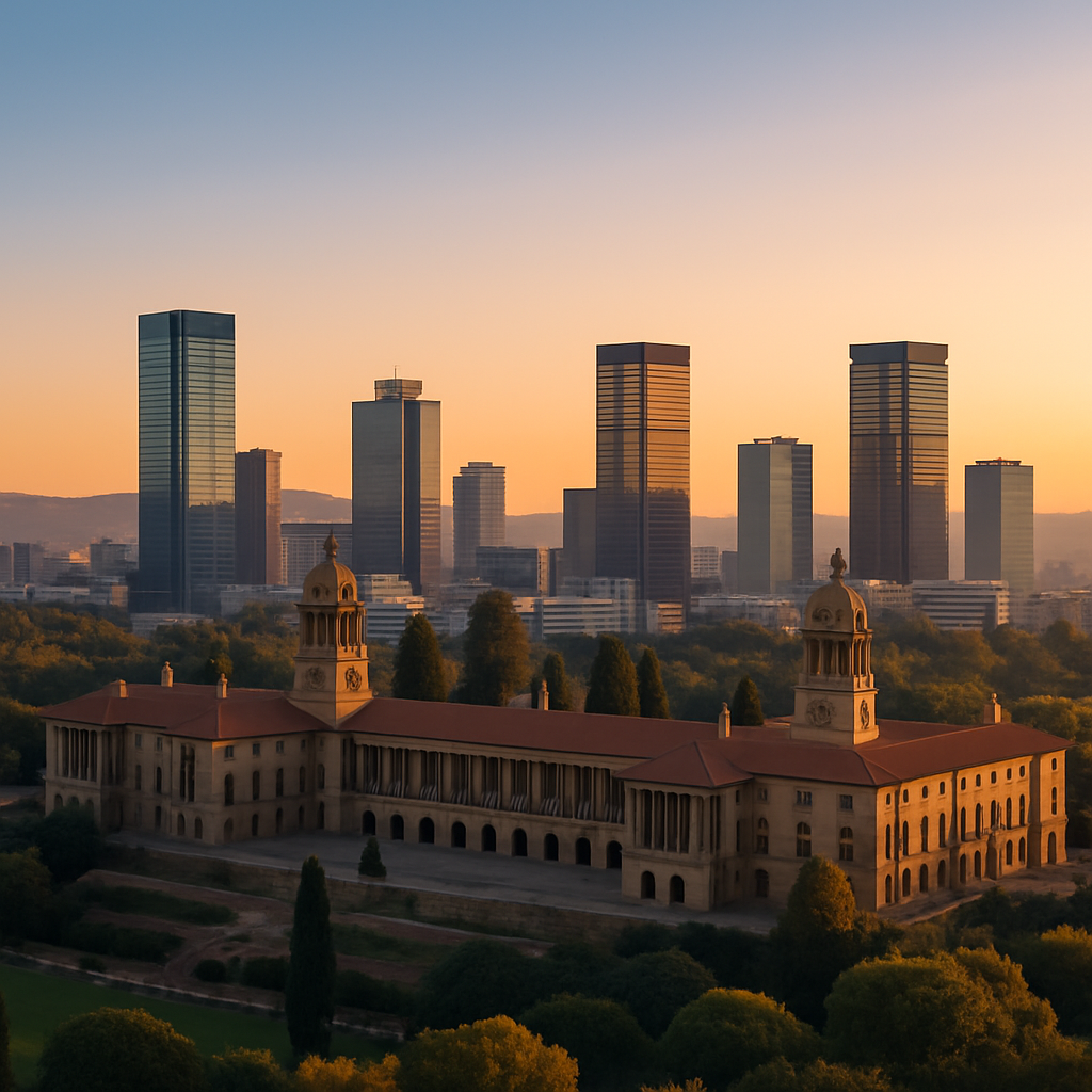 Pretoria skyline with the Union Buildings and modern towers under warm evening light