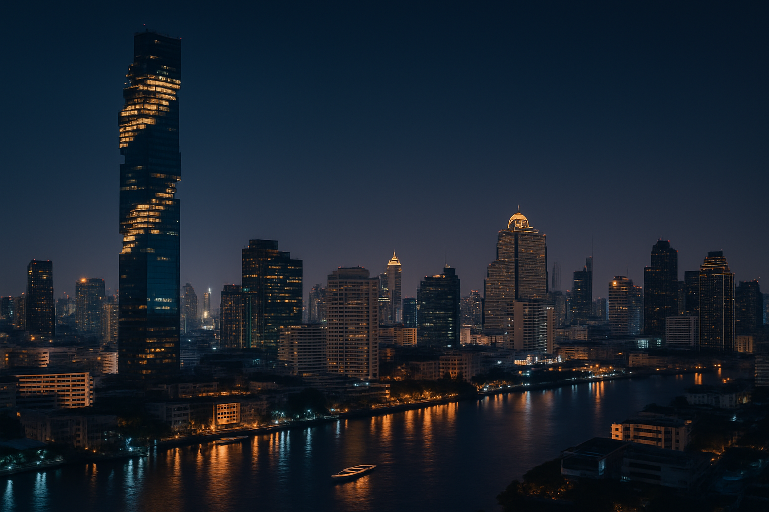 Bangkok skyline featuring the MahaNakhon tower above the Chao Phraya River at night