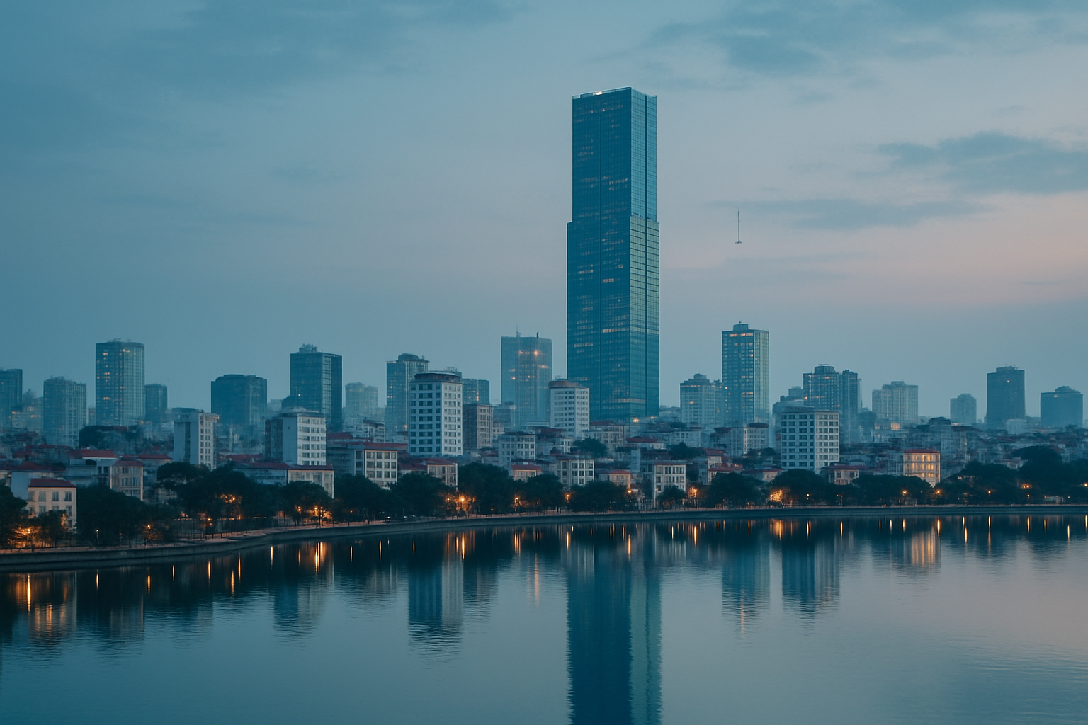 Hanoi skyline with Landmark 72 and West Lake under a soft dusk sky