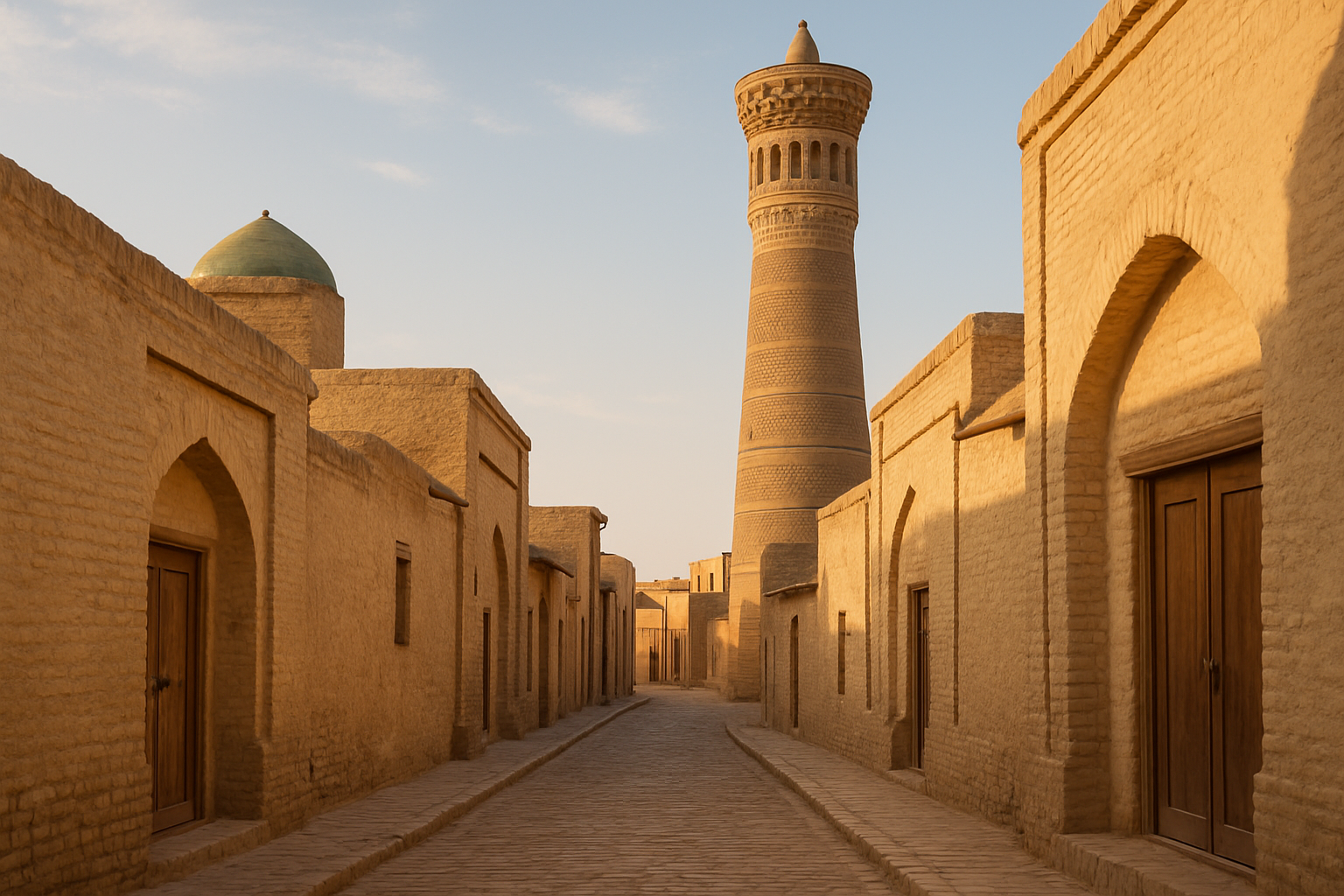 Historic old town of Bukhara with sandy brick buildings and minarets