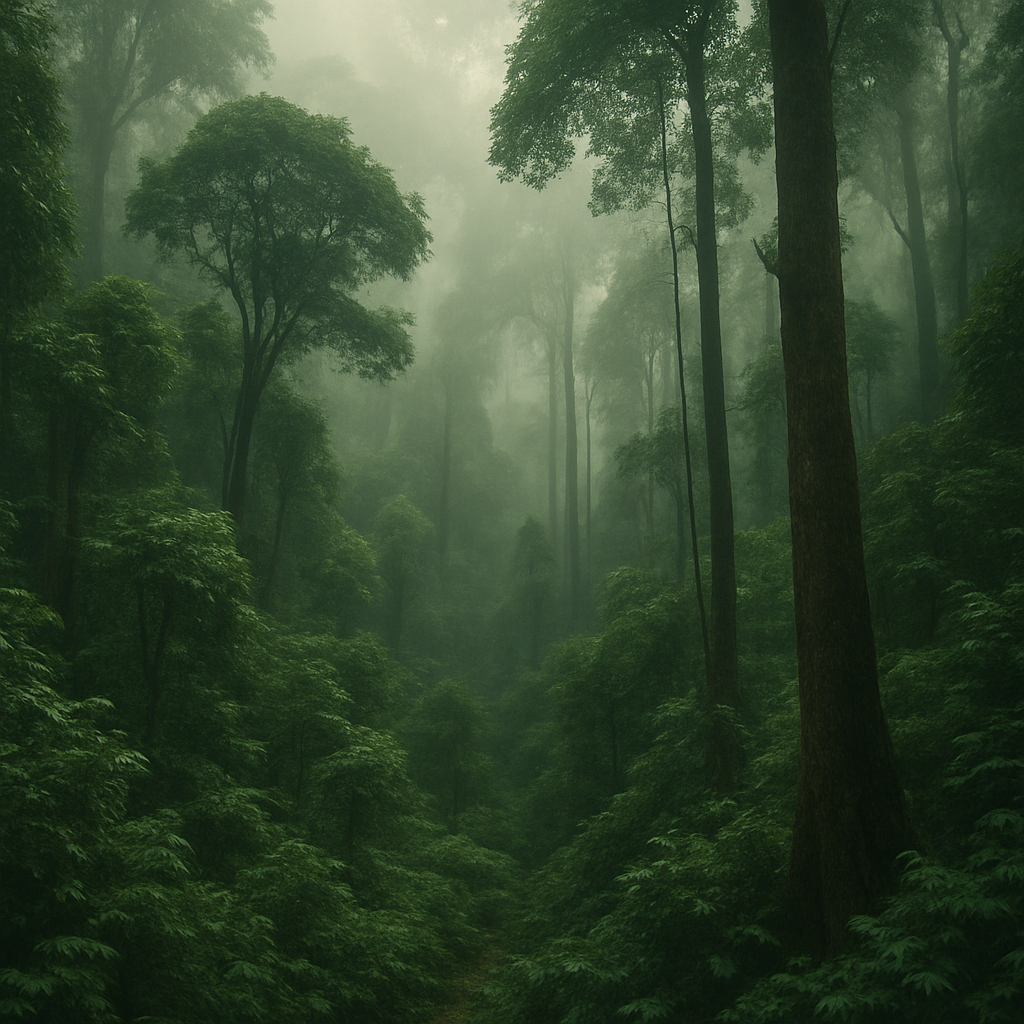 Misty rainforest trail in Bwindi with dense green foliage and towering trees