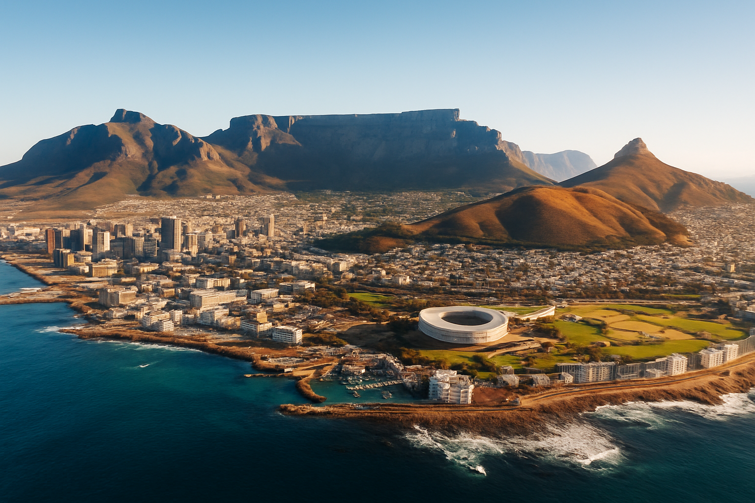 Cape Town city with Table Mountain and Atlantic coastline
