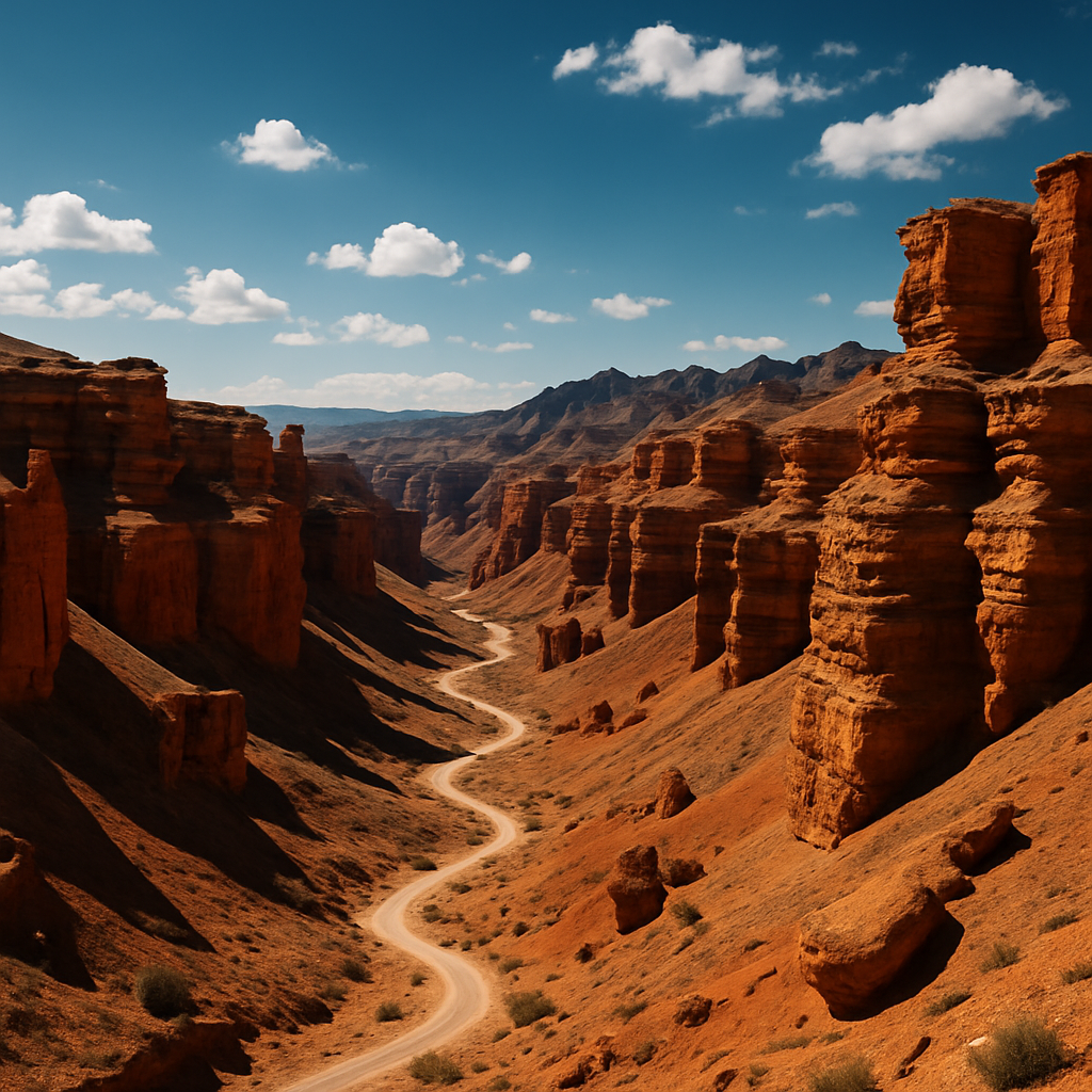 Red rock formations of Charyn Canyon under a bright sky