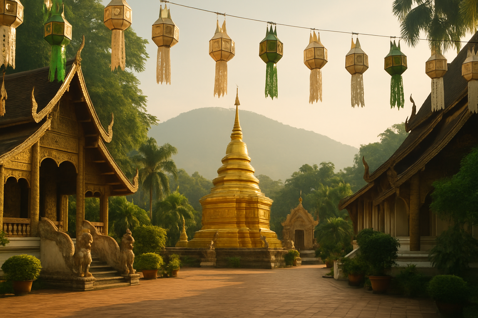 Chiang Mai temple with lanterns and mountain backdrop