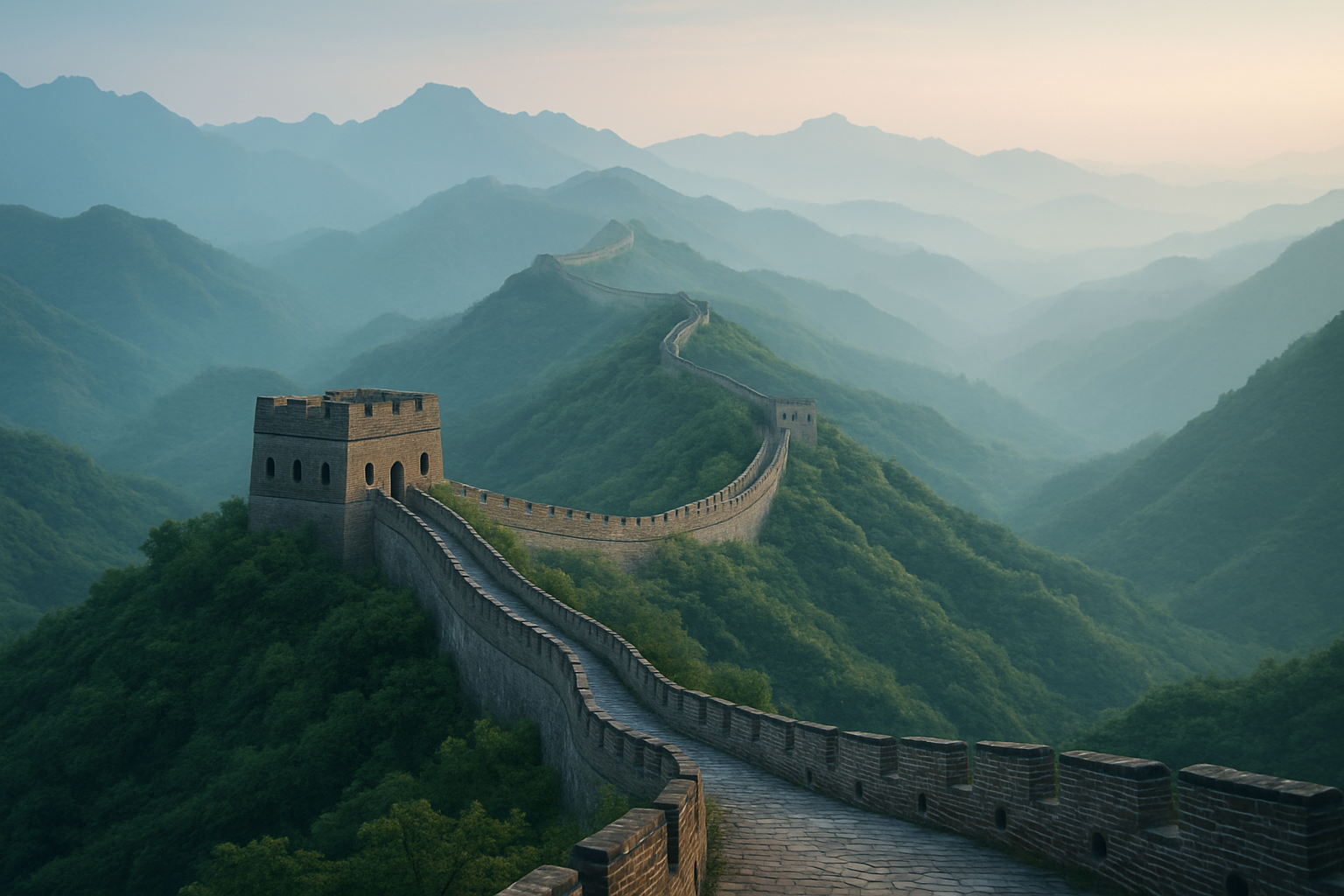 Majestic Great Wall winding over green mountains under soft morning haze