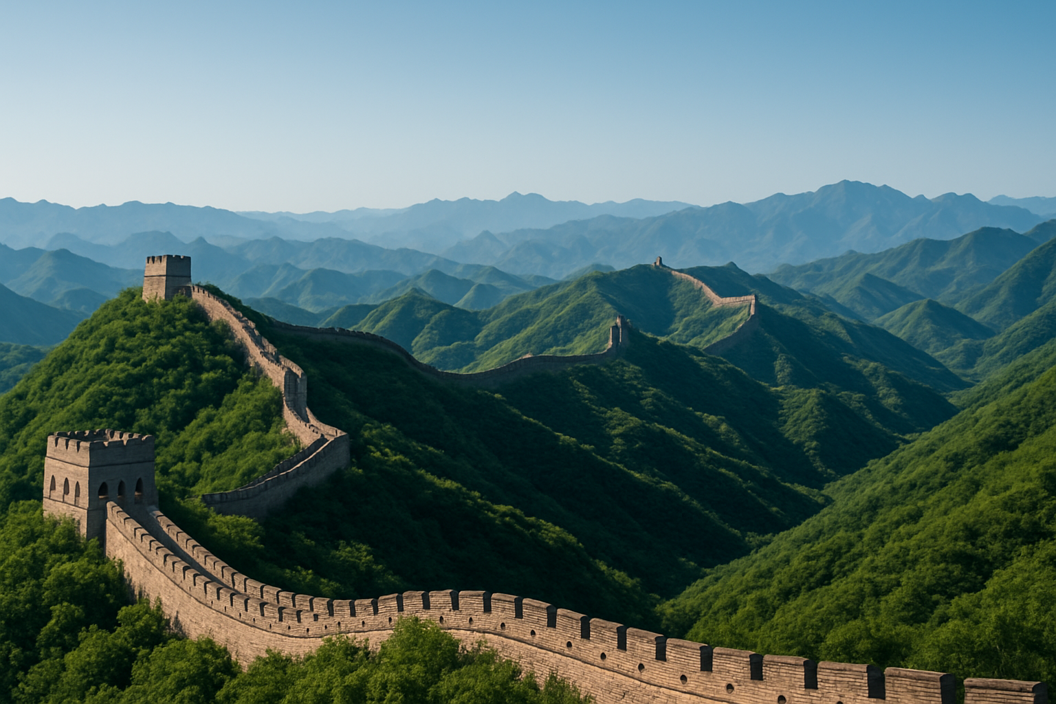 Panoramic view of the Great Wall winding across green mountains in China